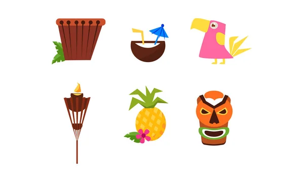 Symbols of Hawaiian culture set, summer vacation, summertime, beach holidays vector Illustration — Stock Vector