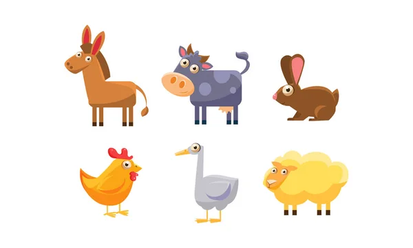 Lindos animales de granja conjunto, burro, vaca, pollo, conejo, ganso, ovejas vector Ilustración — Vector de stock