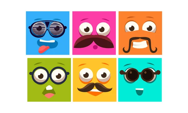 Farklı duygular set, kare ifadeler, emoji renkli yüzlerle illüstrasyon vektör — Stok Vektör