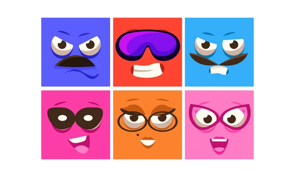 Colorful square faces with different emotions set, funny emoji, emoticons vector Illustration