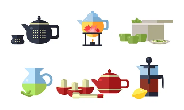 Verzameling van thee ceremonie accessoires, cups, theepotten, thee partij apparatuur vector illustratie — Stockvector