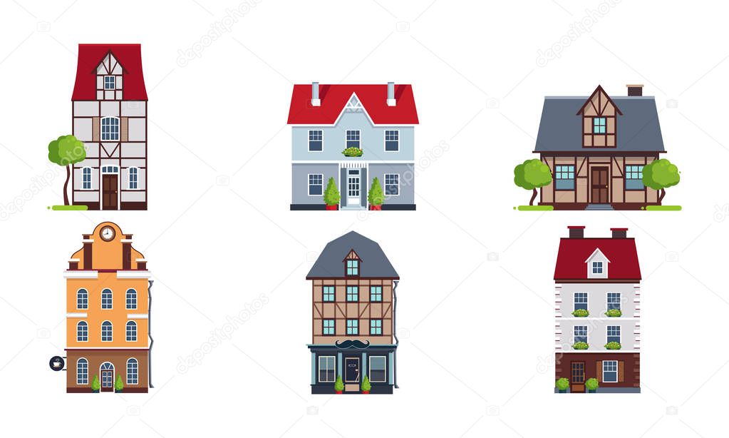 European facades of houses set, buildings of different architectural styles vector Illustration