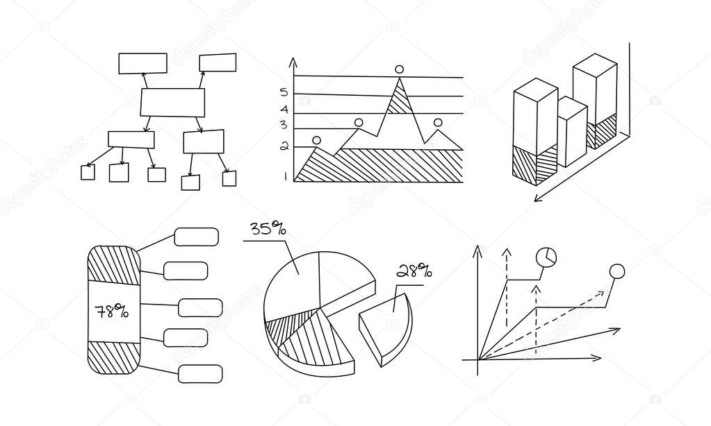 Charts, graphs, arrows, monochrome hand drawn infographic elements, business economic and financial templates vector Illustration