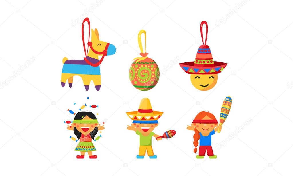 Mexican Cinco De Mayo holiday elements set, children celebrating by breaking a traditional Pinata vector Illustration