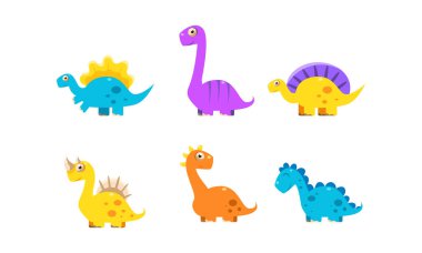 Sevimli çizgi dinozorlar topluluğu, renkli mutlu dino karakter illüstrasyon vektör