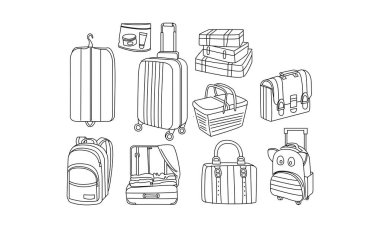 Çizilmiş el çantaları ve Bagaj vektör kümesi. Piknik sepeti, kapak seyahat sırt çantaları, çanta, giysi için evrak çantası