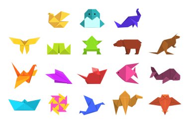 Vektör çizimler hayvanlar origami kümesi, geometrik kağıt hayvanlar ve kuşlar
