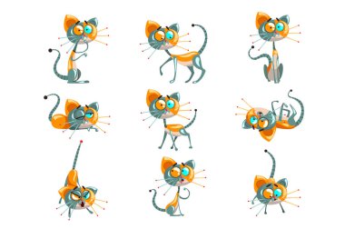 Şirin robot kedi seti, komik robot hayvan beyaz bir arka plan üzerinde farklı eylemler vektör çizimler