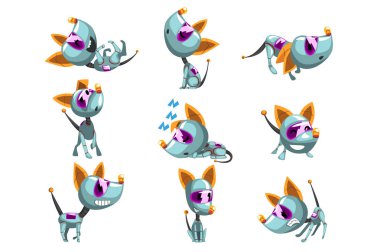 Cute Robot köpek cabukşalterli, komik robot hayvan beyaz bir arka plan üzerinde farklı eylemler vektör çizimler