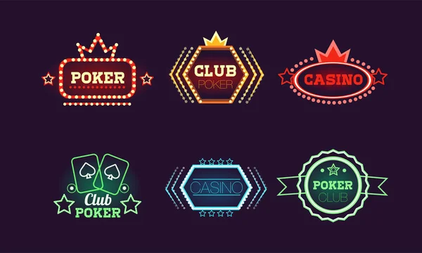明るいカラフルなネオン看板、カジノ、バー、ポーカー クラブのコレクションは、ギャンブルのロゴ デザイン テンプレート ベクトル イラスト — ストックベクタ