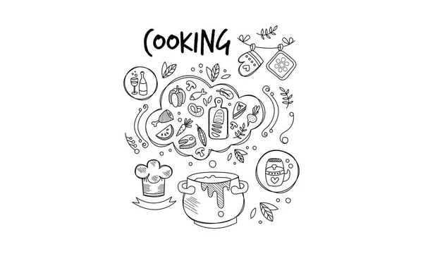 Schets van de ingrediënten en tools voor voedselbereiding. Diner koken. Culinair thema. Hand getekende vector iconen — Stockvector