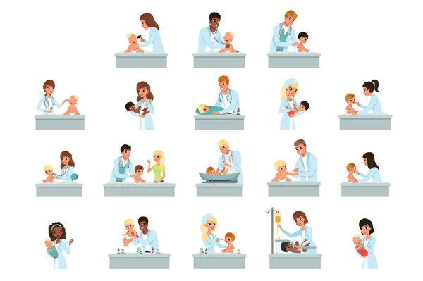 Médicos pediatras haciendo examen médico de los niños pequeños conjunto, hombres y mujeres médicos chequeo para bebés vector Ilustraciones — Archivo Imágenes Vectoriales