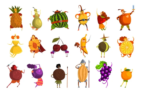 Funny fruits cartoon characters set, people in fruit costumes vector Illustrations — Stock Vector