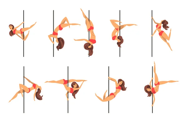 Jeunes femmes de pole dance ensemble, de beaux danseurs de pole montrant quelques astuces vectorielles Illustrations sur un fond blanc — Image vectorielle