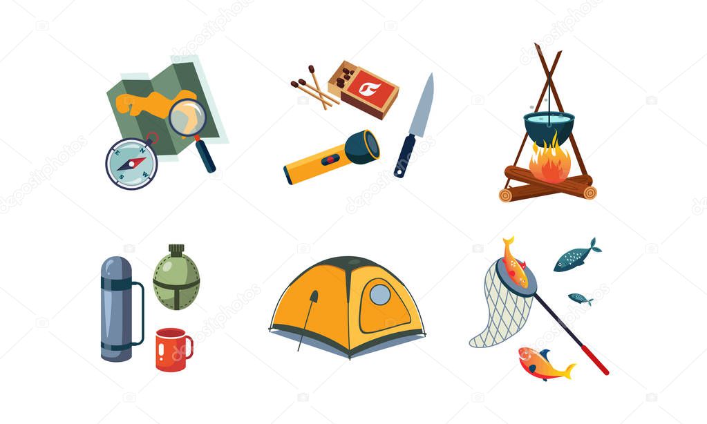 Fishing and camping icons set, map, compass, flashlight, tent, cauldron, box of matches, knife, thermos, box, flask, mug vector Illustration