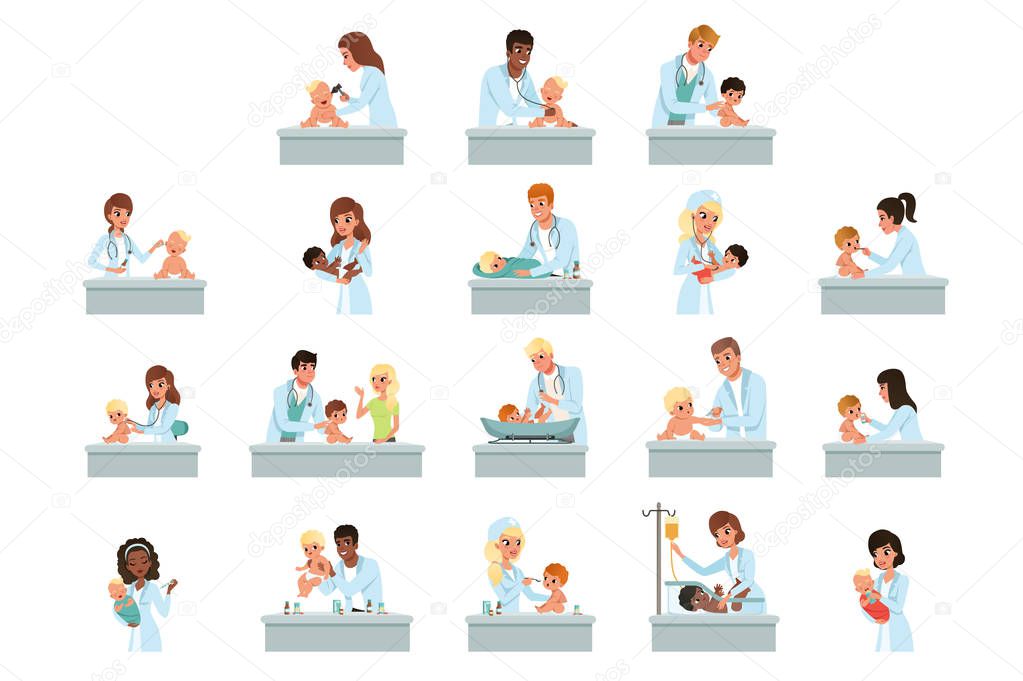 Pediatrician doctors doing medical examination of little kids set, male and female doctors checkup for babies vector Illustrations