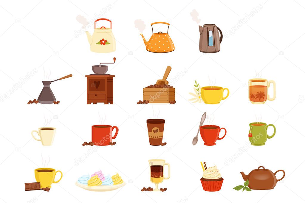 Tea set, various kitchen utensils, tea cup and kettle vector Illustrations
