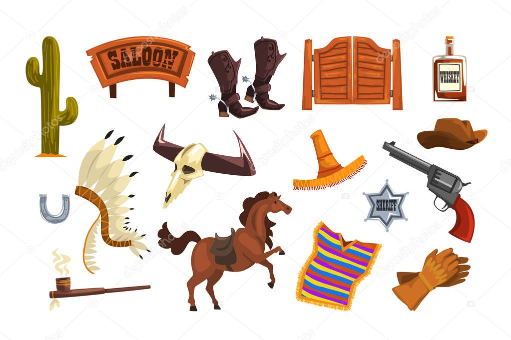 Wild west elements set, cowboys accessories and symbols vector Illustrations
