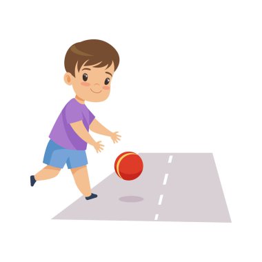 Küçük çocuk yolda, tehlikeli bir durum vektör çizim beyaz arka plan üzerinde çocukta top oynarken.