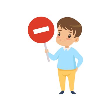 Sevimli çocuk güvenliği trafik vektör çizim çocuklarda tutan dur işareti, trafik eğitim, kurallar,