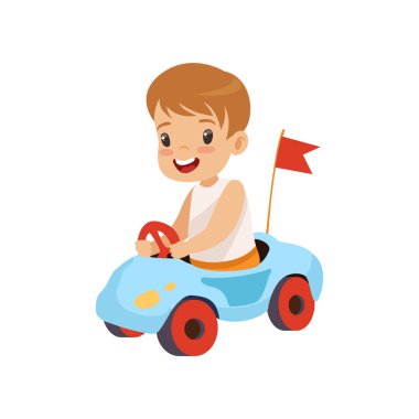 Sevimli gülümseyen çocuk oyuncak araba vektör çizim sürme