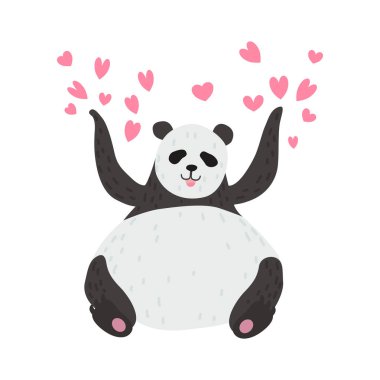 Pembe kalpler, sevimli hayvan karakter vektör çizim tarafından çevrili mutlu sevimli ayı Panda Panda