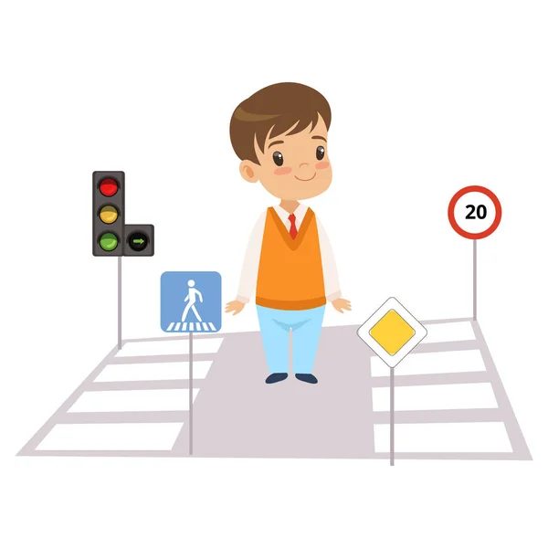 Netter Junge und Verkehrszeichen, Kinder lernen Verkehrsregeln, Sicherheit von Kindern im Verkehrsvektorbild — Stockvektor