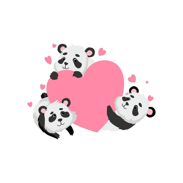 Ursos de panda bonitos segurando coração rosa, feliz adorável animal personagem vetor ilustração — Vetor de Stock