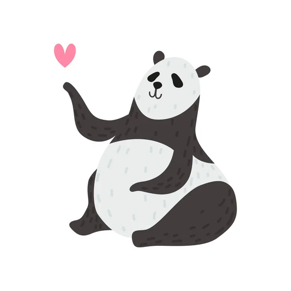 Urso de panda bonito com coração rosa, ilustração de vetor de personagem animal adorável feliz — Vetor de Stock