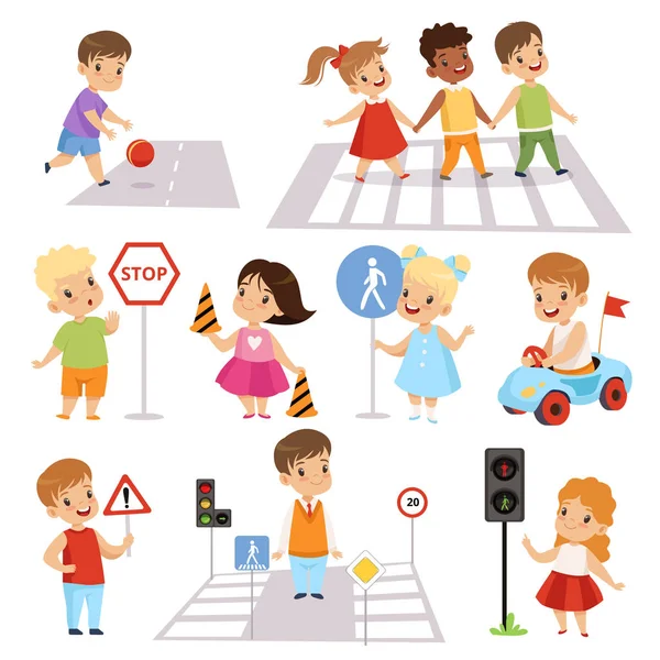 Ragazzi e ragazze sorridenti svegli che attraversano le strade e imparano i segnali stradali, l'educazione al traffico, le regole, la sicurezza dei bambini nell'illustrazione vettoriale del traffico — Vettoriale Stock