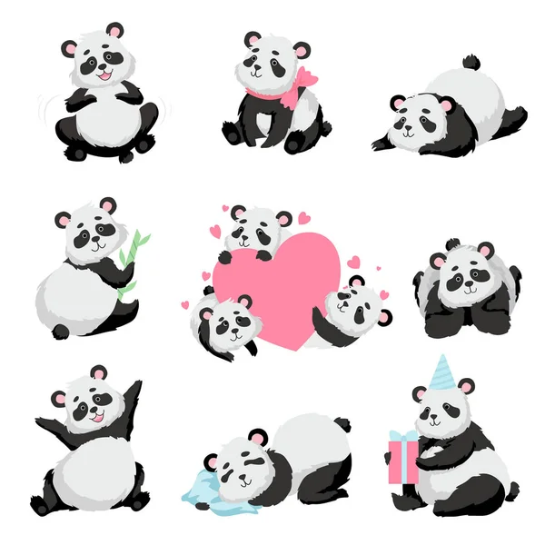 Schattige Happy Baby Panda Bear ingesteld, mooie dierlijke karakter Panda in verschillende Poses vectorillustratie — Stockvector