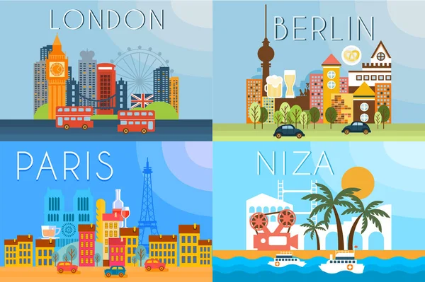 Travel landmarks, city architecture vector illustration in flat style — Stock Vector