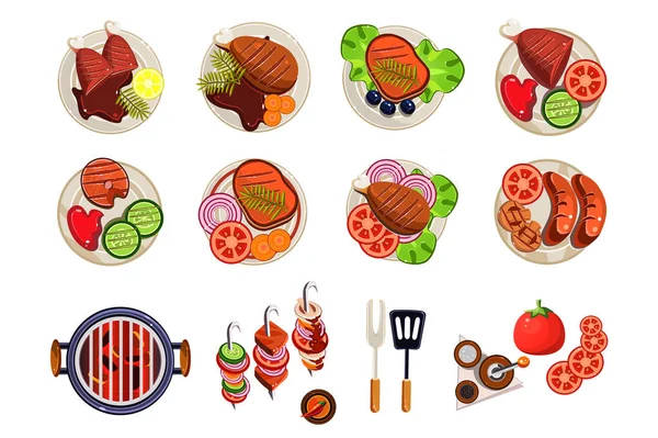 Grill with hot coals, kitchen utensils for cooking and various grilled dishes. Sausages, chicken, steak, fish with vegetable garnishes. Flat vector — Stock Vector