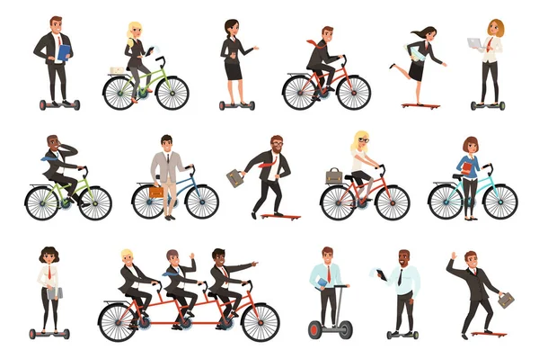 Плоский векторний набір офісних працівників на різних транспортних засобах велосипед, електричний ховерборд, сегвей, скейтборд. Ділові люди. Чоловіки і жінки в повсякденному одязі — стоковий вектор