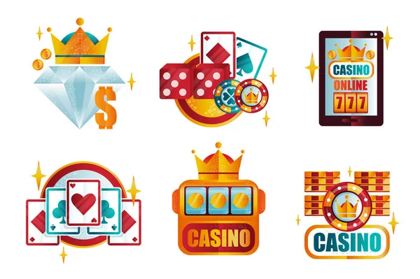 Векторний набір оригінальних шаблонів ретро логотипів для покерного клубу королівського казино. Ігрові емблеми. Елементи для мобільного додатку або професійного турніру промо — стоковий вектор