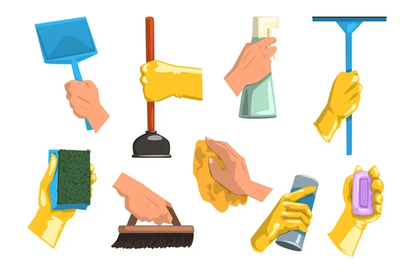 Flat vector set of cleaning supplies. Human hands holding rag, plastic scoop, bottles with liquid and powder, brush, soap, sponge for dishwashing, plunger, mop — Stock Vector