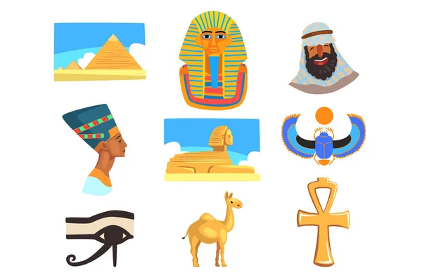 Conjunto de vectores planos de elementos de cultura egipcia. Pirámides, camello, hombre en keffiyeh, Tutankamón y Nefertiti, Gran Esfinge de Giza, Ankh, ojo de Horus y escarabajo — Vector de stock