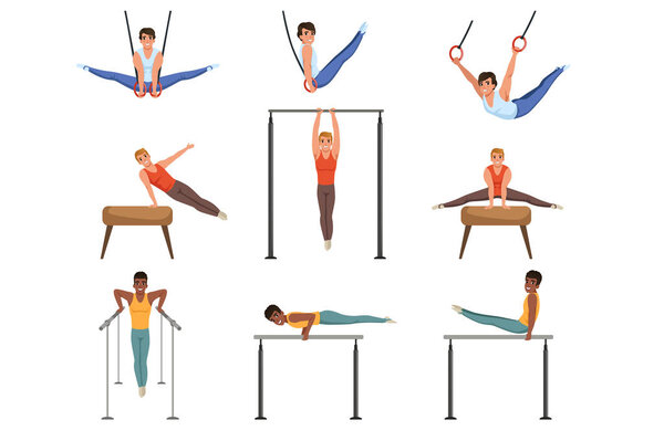 Young guys training on various gymnastics apparatus. Rings, pommel horse, horizontal and parallel bars sport. Professional athletes. Flat vector set