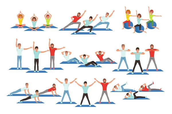 Conjunto de personas haciendo ejercicio en el gimnasio. Chicas jóvenes y chicos haciendo ejercicios. Actividad física. Estilo de vida saludable. Hombres y mujeres en ropa deportiva. Diseño de vector plano — Vector de stock