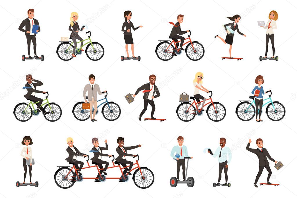 Flat vector set of office workers on different vehicles bicycle, electric hoverboard, segway, skateboard. Business people. Men and women in casual clothes