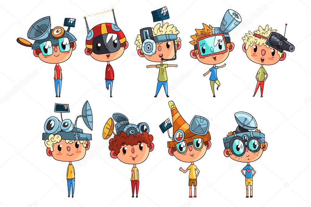 Cute scientist children working on physics science experiment set, funny boy in fantastic headdress with antennas vector Illustrations on a white background