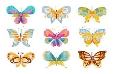 Güzel kanatlı parlak renkli kelebeklerin düz vektör ayarlayın. Uçan böcekler. Gradyanlar ve doku ile simgeler.