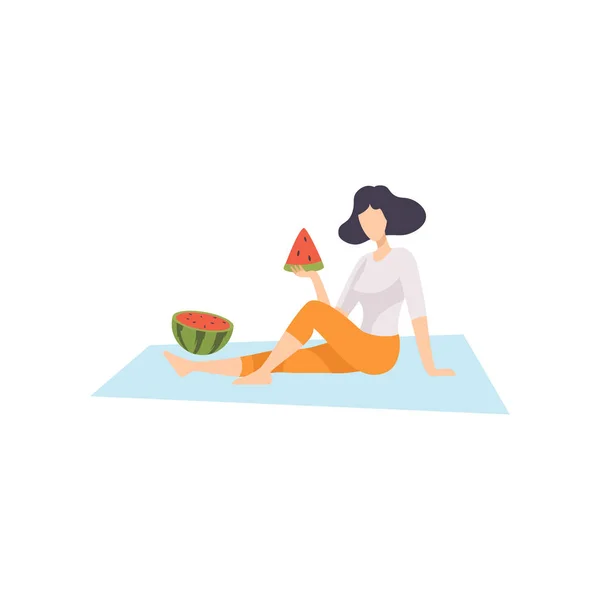 Young Woman Sitting on Plaid and Eating Watermelon, Girl Relaxing on Nature Vector Illustration — Stock Vector