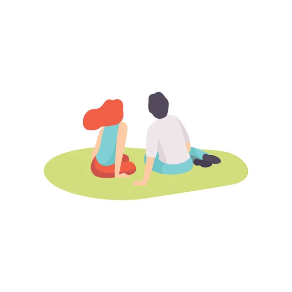 Romantik Çift Doğa, Genç adam ve çim, arkadan görünüm vektör çizim üzerinde oturan kadın piknik keyfi — Stok Vektör