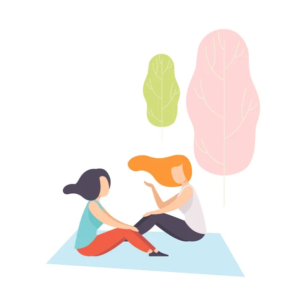 Zwei Mädchen sitzen auf Plaid im Park, junge Frauen beim Picknick Vektor Illustration — Stockvektor