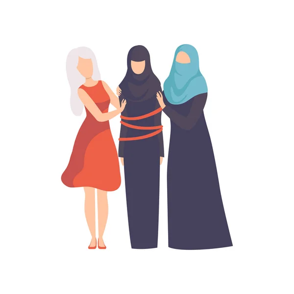 Women Supporting Tied Muslim Woman in rasional lothes, Girls Advocating for Equality, Freedom, Civil Rights, Independence Vector Illustration (dalam bahasa Inggris) - Stok Vektor