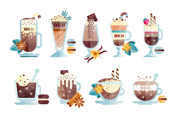 Set de vectores planos de sabrosas bebidas de café en tazas y vasos transparentes. Deliciosas bebidas calientes y frías con macarrones, bastones de caramelo, fresa . — Archivo Imágenes Vectoriales