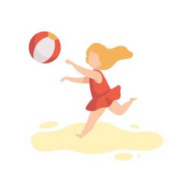 Top, yaz tatil vektör çizim kumsalda eğleniyor çocuk ile oynarken mayo sevimli kız