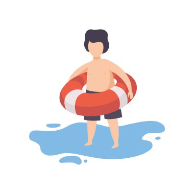 Sevimli çocuk şişme Lifebuoy, yaz tatil vektör çizim kumsalda eğleniyor çocuk tutan