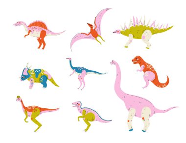 Collection of Colorful Dinosaurs, Pterodactyl, Carnotaurus, Styracosaurus, Diplodocus, Compsognathus, Brachiosaurus, Brontosaurus, Tyrannosaurus, Velociraptor Cute Prehistoric Animals Vector clipart